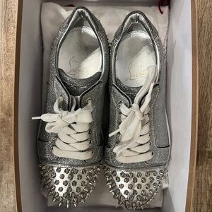 Christian Louboutin Vibeira 2 Flat Silver Glitter Sneakers Size 36